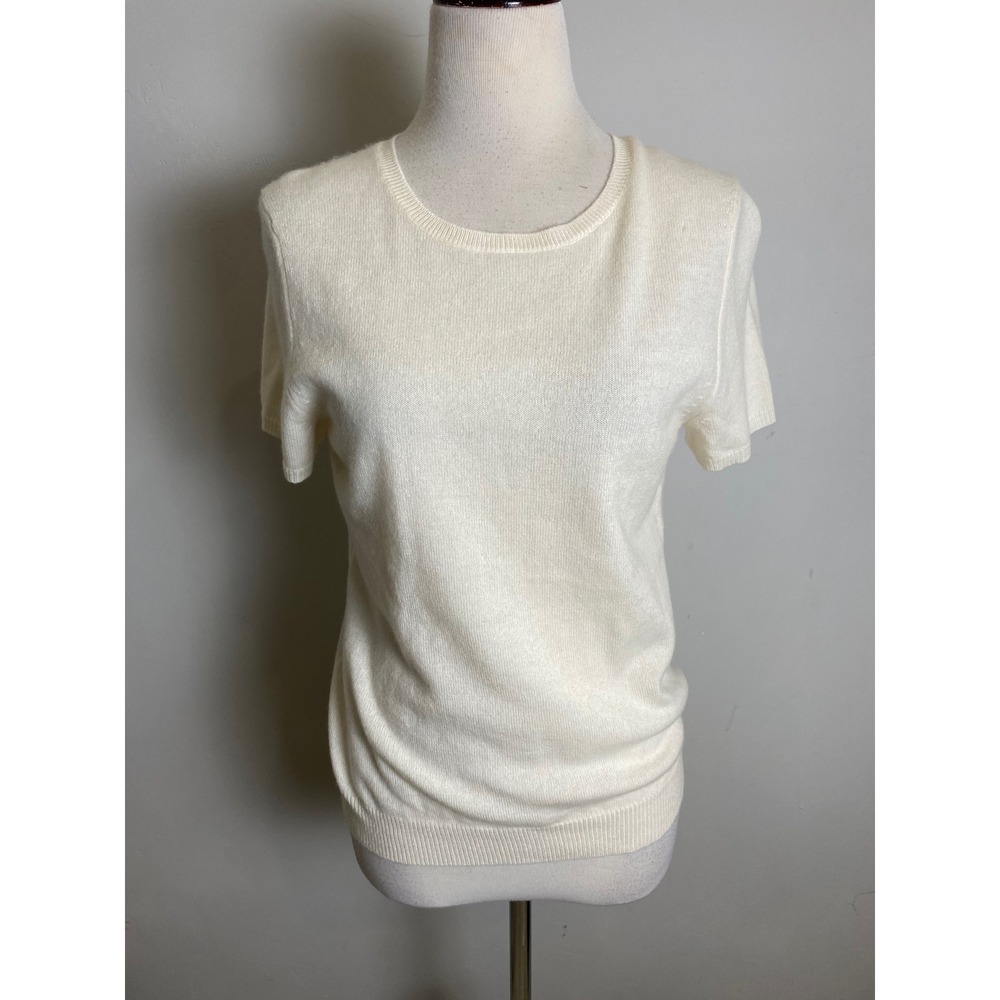 Bloomingdale's 100% Cashmere Short Sleeve Crew Neck Sweater Ivory Cream Medium